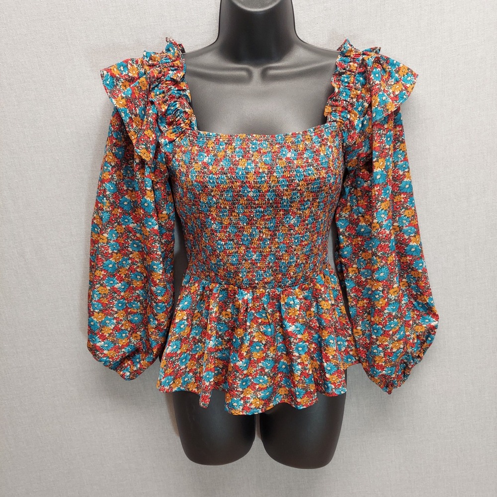 Floral Smocked Peplum Top Womens S Milkmaid Ruffle Shoulder Puff Sleeve Boho